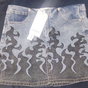 AKIRA Denim Mini Skirt with Black Flame Pattern